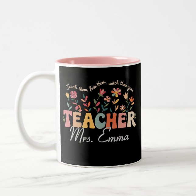 Personalized Groovy Flowers Teacher Custom Gift Two-Tone Coffee Mug (Left)