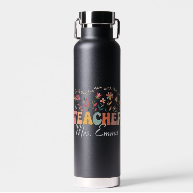Personalized Groovy Flowers Teacher Custom Gift Water Bottle (Front)