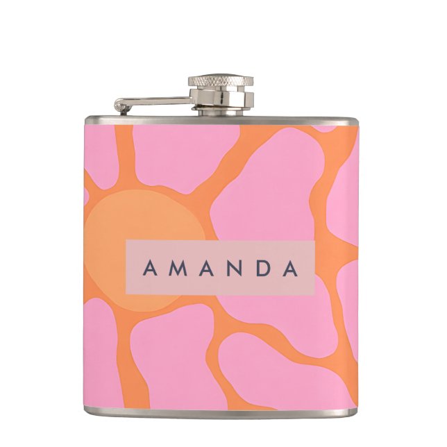 Personalized Groovy Orange and Pink Retro Flower Hip Flask (Front)