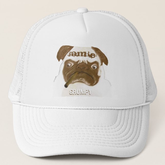Personalized Grumpy AFICIONADO Puggy Cigar Trucker Hat (Front)
