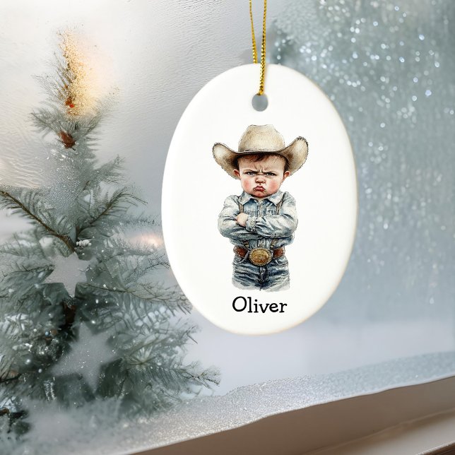 Personalized Grumpy Cowboy in Denim Outfit Ceramic Ornament (Creator Uploaded)
