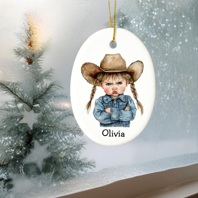 Personalized Grumpy Cowgirl in Denim Jacket Ceramic Ornament (Creator Uploaded)