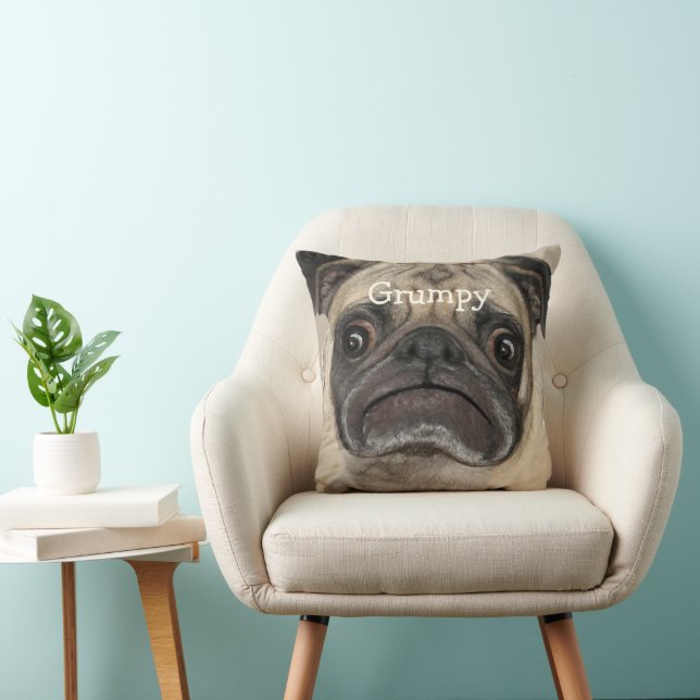 Personalized Grumpy Puggy Throw Pillow (Chair)