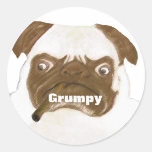 Personalized Grumpy Puggy with Cigar Classic Round Sticker