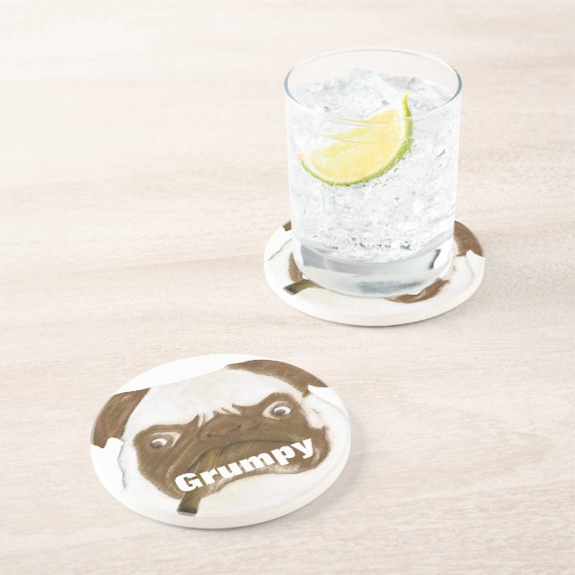 Personalized Grumpy Puggy with Cigar Coaster (Side)