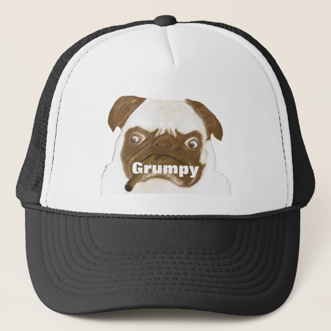 Personalized Grumpy Puggy with Cigar Trucker Hat (Front)
