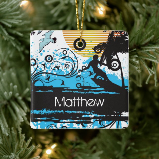 Personalized Grunge Surfing Beach Christmas Ceramic Ornament (Tree)