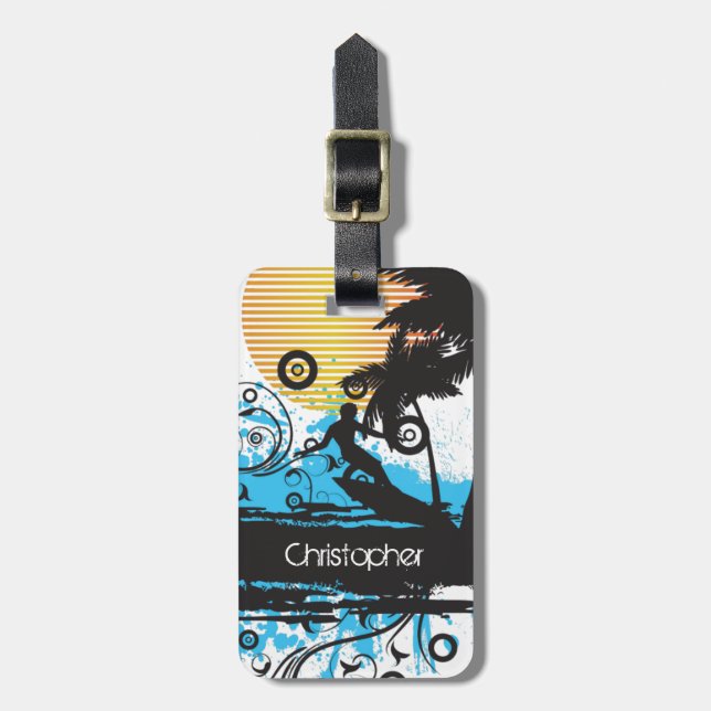 Personalized Grunge Surfing Tropical Beach Luggage Tag (Front Vertical)