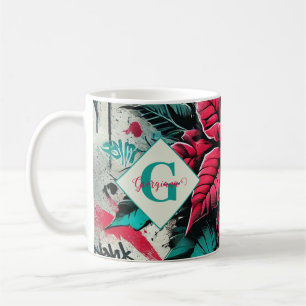 Personalized Grungy Poinsettia Floral Graffiti Coffee Mug