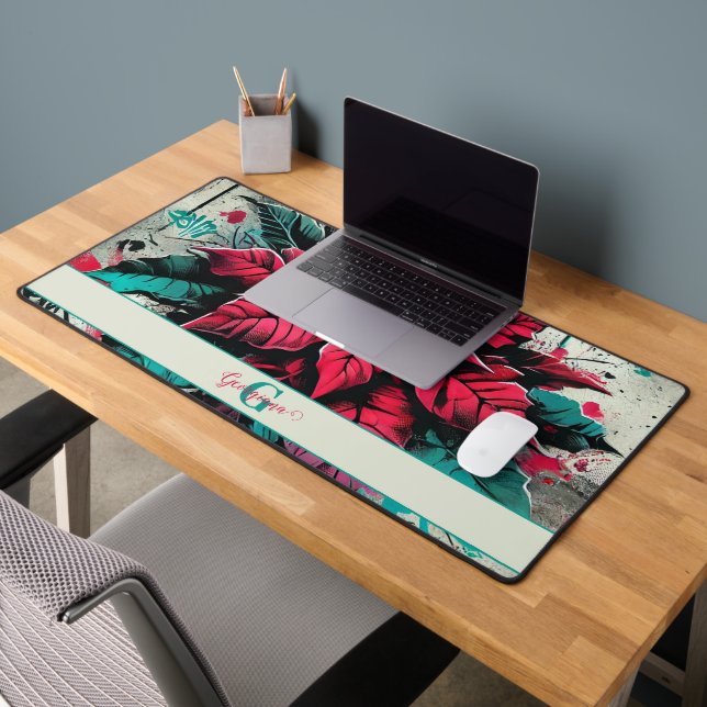 Personalized Grungy Poinsettia Floral Graffiti Desk Mat (Office 2)