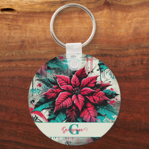 Personalized Grungy Poinsettia Floral Graffiti Keychain