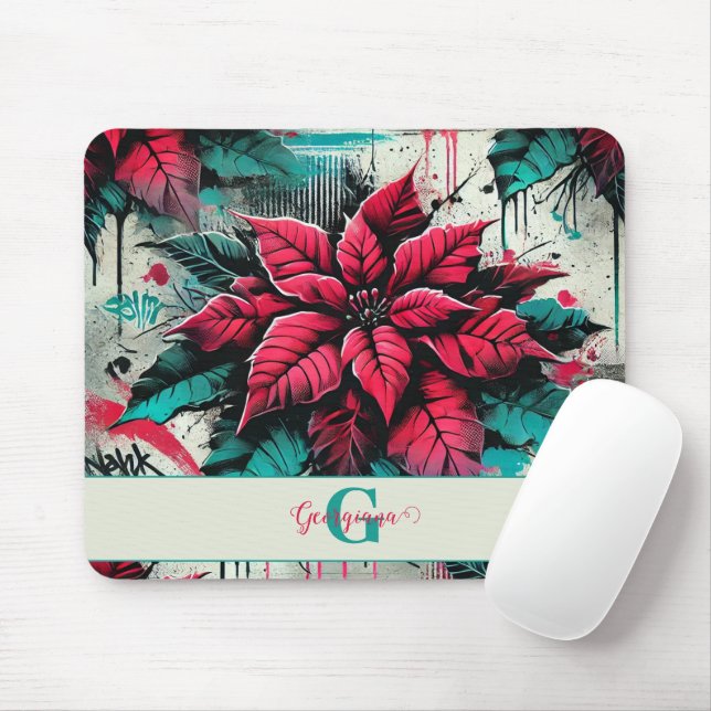 Personalized Grungy Poinsettia Floral Graffiti Mouse Pad (With Mouse)