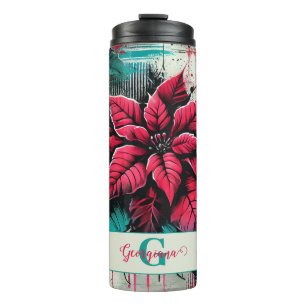 Personalized Grungy Poinsettia Floral Graffiti Thermal Tumbler