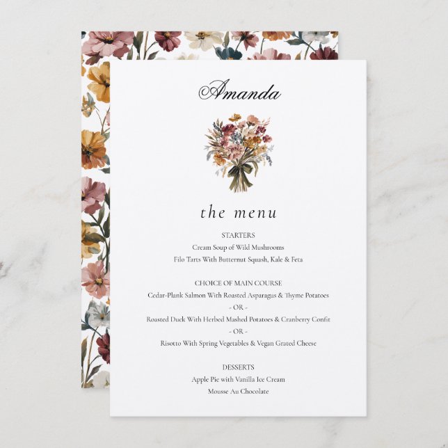 Personalized Guest Name Fall Flowers Wedding Menu (Front/Back)