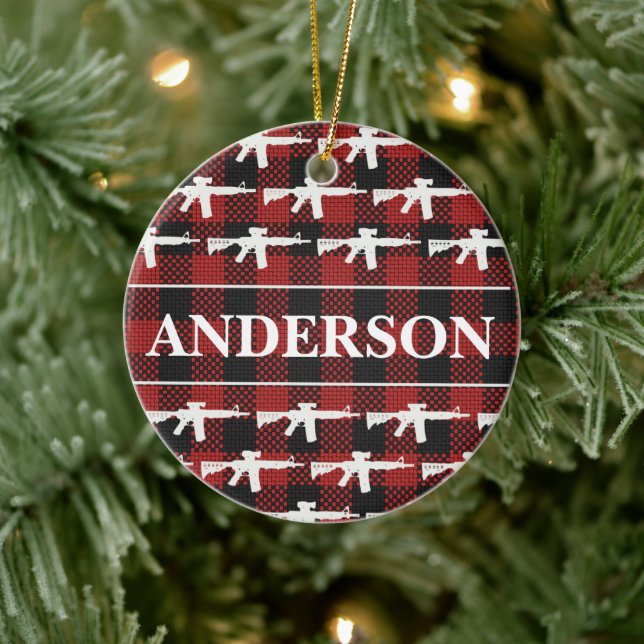 Personalized Gun Owner Plaid AR-15 Christmas Ceramic Ornament (Tree)