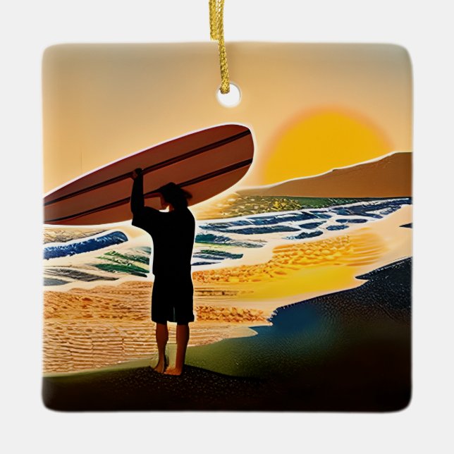 Personalized Guy on Beach with Surf Board Sunset Ceramic Ornament (Front)