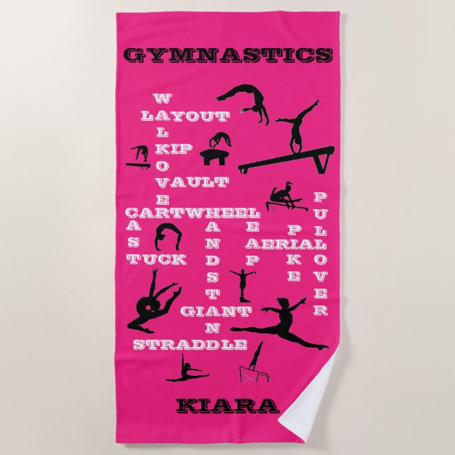Personalized Gymnastics Crosswords Beach Towel (Front)