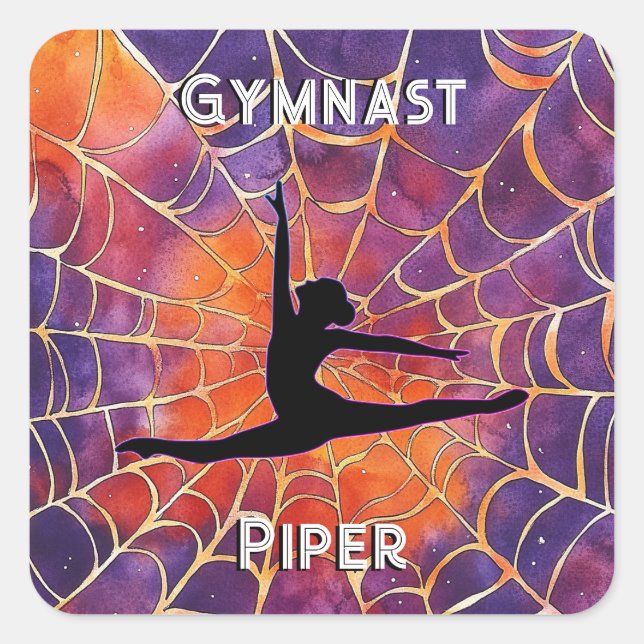 Personalized Gymnastics Halloween Spiderweb Square Sticker (Front)
