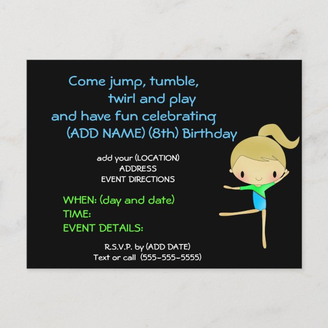 Personalized Gymnastics Party invitations (Front)