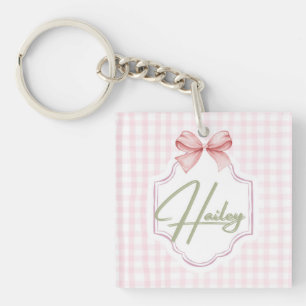 Personalized Hailey Baby Girl Nursery Bow&Gingham Keychain