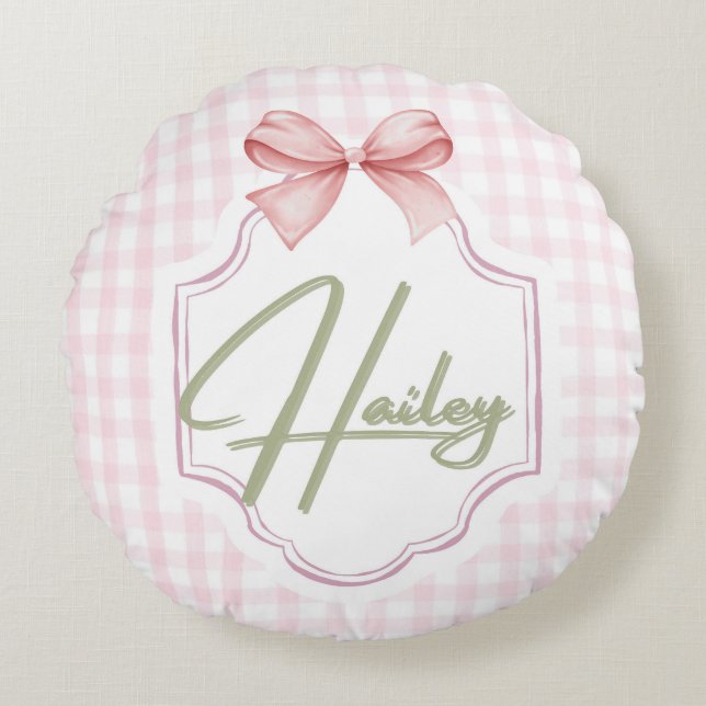 Personalized Hailey Baby Girl Nursery Bow&Gingham Round Pillow (Front)