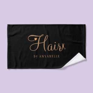 Personalized hair salon name elegant gold black hand towel