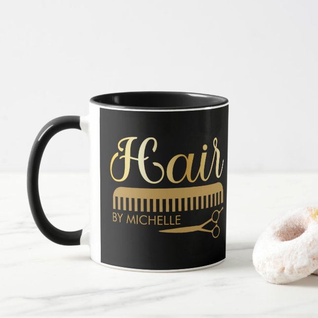 Personalized Hair Stylist Beauty Salon Black Gold  Mug (With Donut)