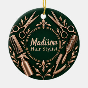 Personalized Hair Stylist Emerald Rose Gold Ceramic Ornament