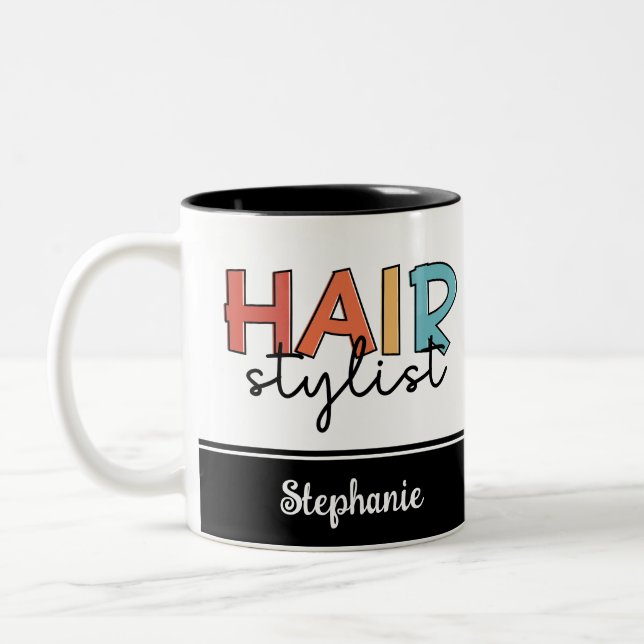 Personalized Hair Stylist Retro Hairdresser Gift Two-Tone Coffee Mug (Left)