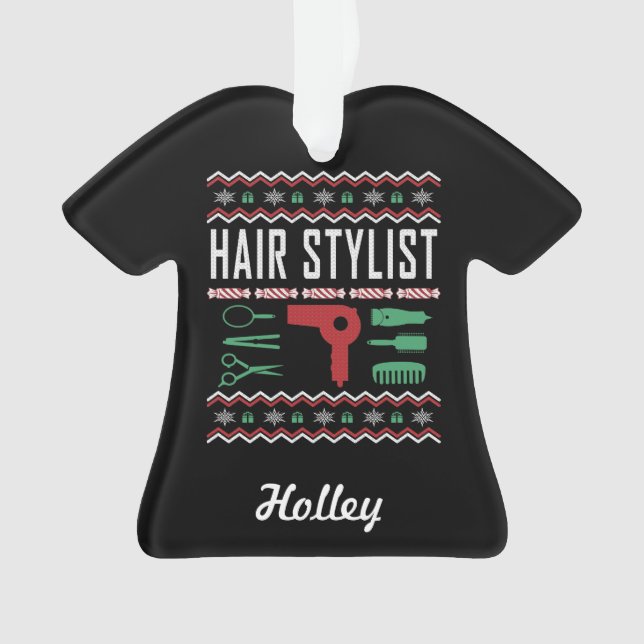 Personalized Hair Stylist Ugly Christmas Sweater Ornament (Front)
