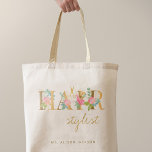 Personalized hairstylist hair salon name logo tote bag<br><div class="desc">Personalized hairstylist / hair dresser name tote bag with blush pink and faux gold foil floral typography logo with scissors.</div>