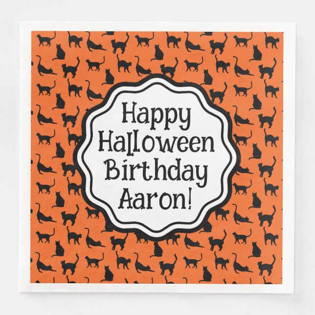 Personalized Halloween Birthday Orange Black Cat  Napkin (Front)