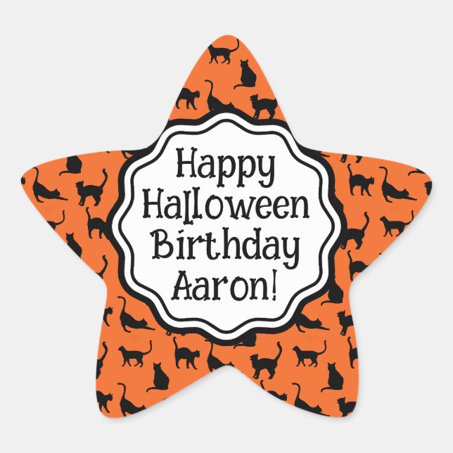 Personalized Halloween Birthday Orange Black Cat  Star Sticker (Front)