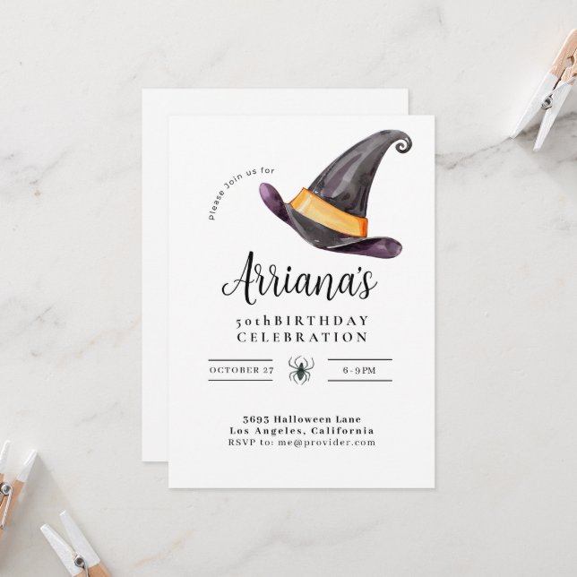 Personalized Halloween Birthday Party Witch Modern Invitation (Front/Back In Situ)