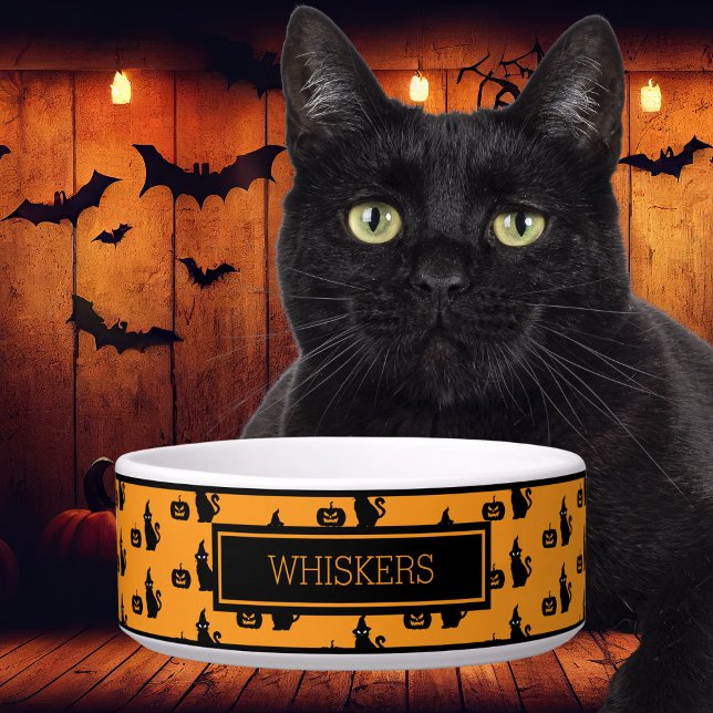 Personalized Halloween Black Cat Pumpkin Pet Bowl (Creator Uploaded)