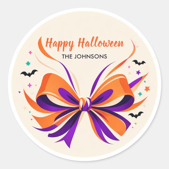 Personalized Halloween Bow & Bats Classic Round Sticker (Front)
