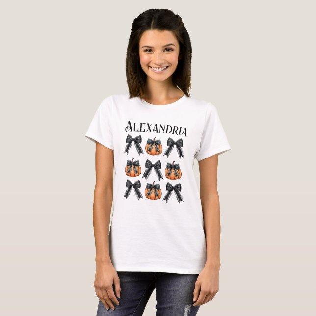 Personalized Halloween Bow Pumpkin Pattern T-Shirt (Front Full)