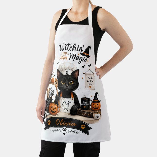 Personalized Halloween Cat Chef Apron Custom Name  (Insitu)