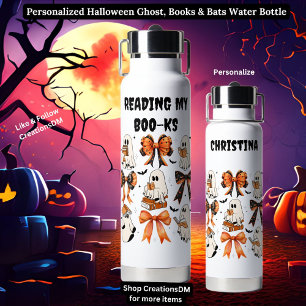 Personalized Halloween Ghost, Books & Bats Water Bottle
