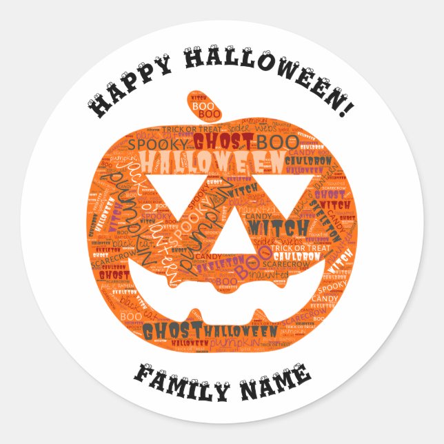 Personalized Halloween Jack-o'-Lantern Word Cloud Classic Round Sticker (Front)