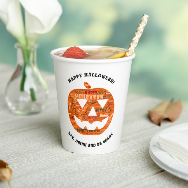 Personalized Halloween Jack-o'-Lantern Word Cloud Paper Cups (Insitu)