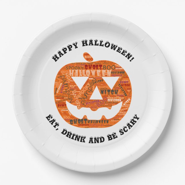 Personalized Halloween Jack-o'-Lantern Word Cloud Paper Plate (Front)