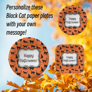 Personalized Halloween Party Orange Black Cat Paper Plate