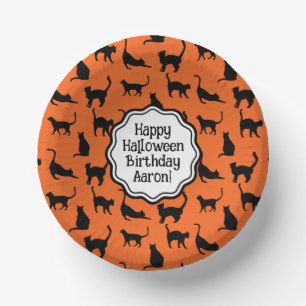 Personalized Halloween Party Orange Black Cat Paper Plate