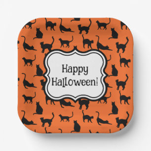 Personalized Halloween Party Orange Black Cat Paper Plate