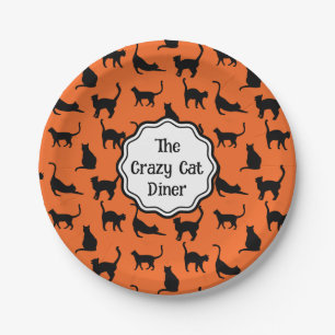 Personalized Halloween Party Orange Black Cat Paper Plate