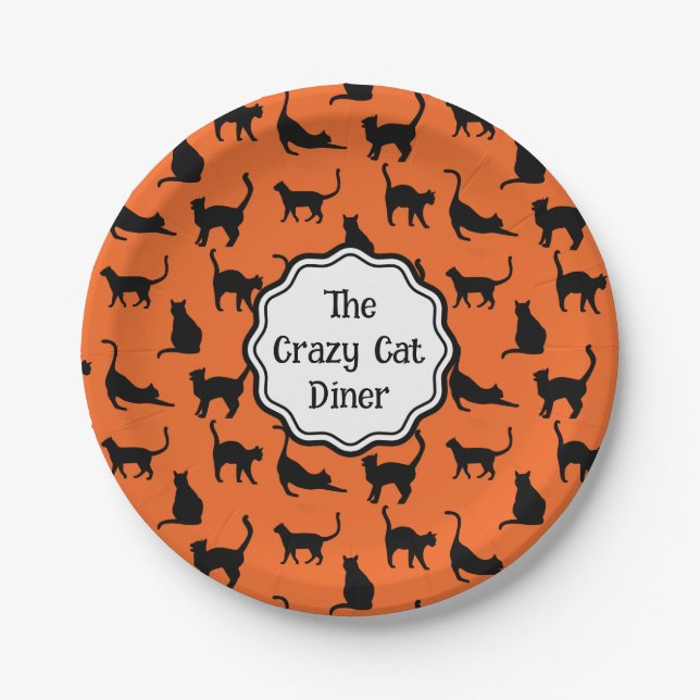 Personalized Halloween Party Orange Black Cat Paper Plate (Front)