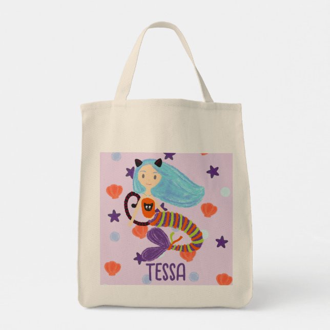 Personalized Halloween Pastel Mermaid Cat Tote Bag (Back)