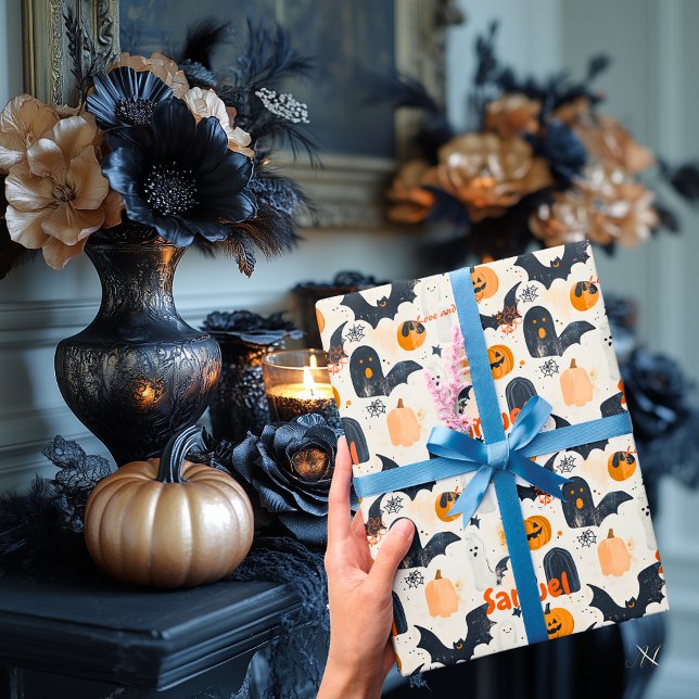 Personalized Halloween Pumpkin & Bat Pattern Wrapping Paper (Creator Uploaded)