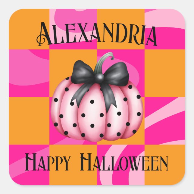 Personalized Halloween Pumpkin Bow Party Square Sticker (Front)